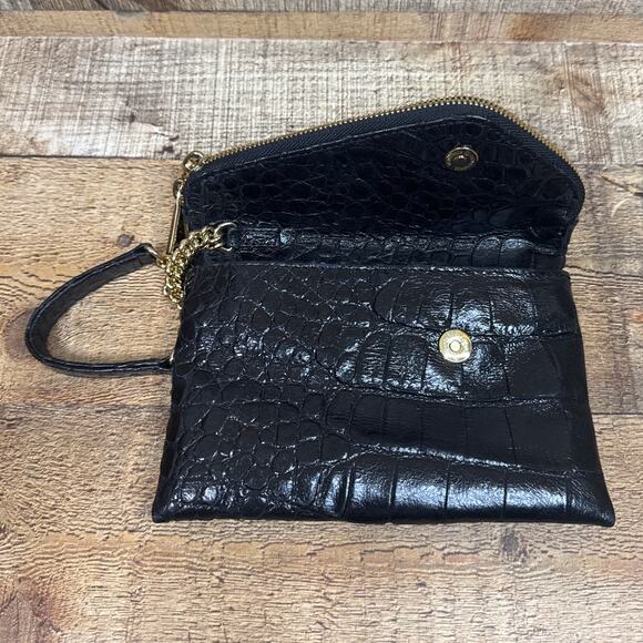 Henri Bendel Debutante Clutch Wristlet Black Crocodile Gold Chain Purple Lining